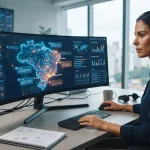 Imagem ilustrativa de uma marca brasileira sendo monitorada em diversas interfaces de inteligências artificiais em um mapa do