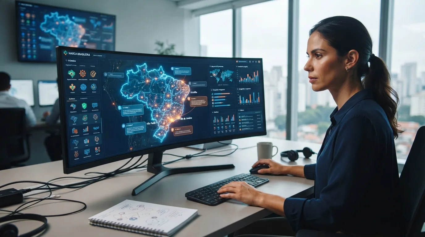Imagem ilustrativa de uma marca brasileira sendo monitorada em diversas interfaces de inteligências artificiais em um mapa do