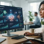 Ilustração de um gráfico de monitoramento com ícones de inteligências artificiais populares e uma marca analisada em destaque