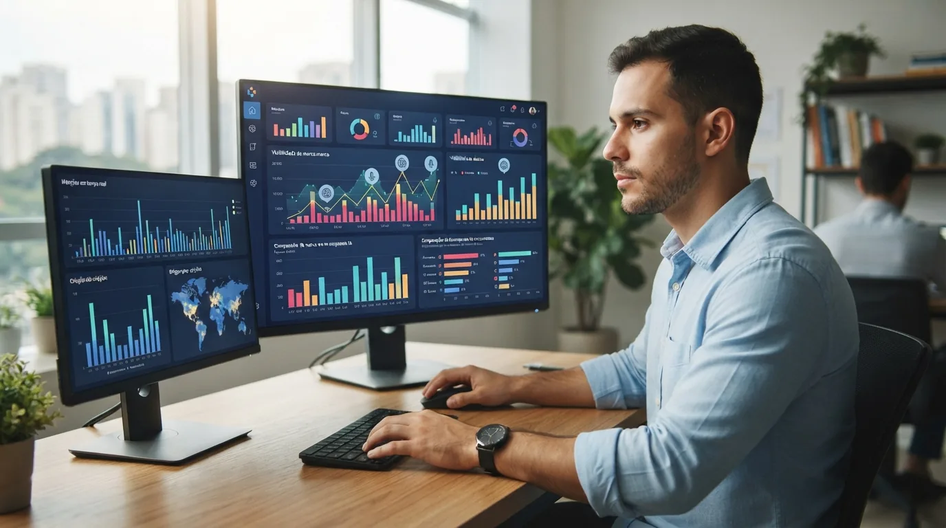 Ilustração de gráficos e telas digitais mostrando monitoramento de menções de marcas em interfaces de inteligências artificia