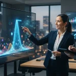Ilustração mostrando uma marca destacando-se visualmente em meio a outras marcas em gráfico digital, com elementos de intelig