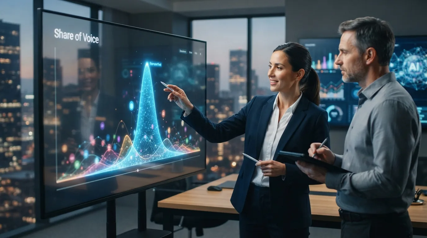 Ilustração mostrando uma marca destacando-se visualmente em meio a outras marcas em gráfico digital, com elementos de intelig