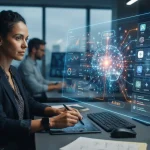 Ilustração de interfaces digitais conectadas a um cérebro artificial, simbolizando buscas inteligentes e análise de marcas em