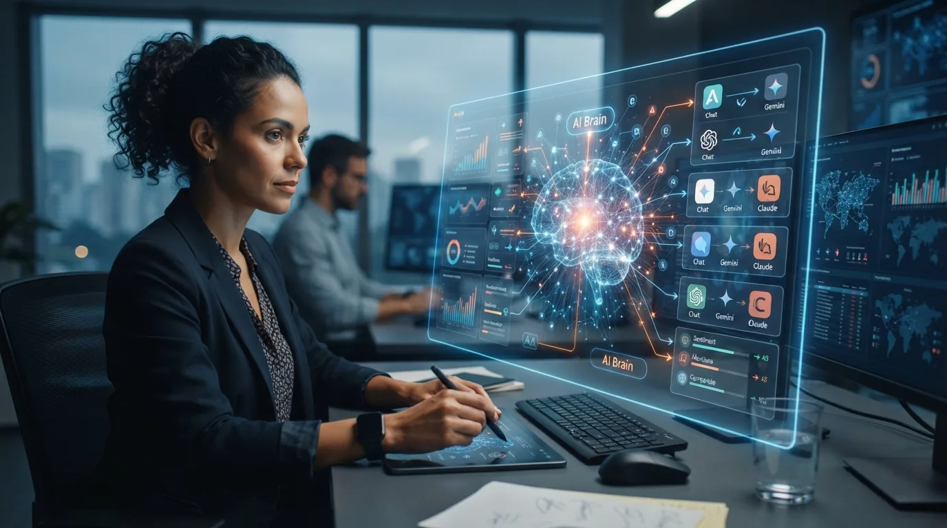 Ilustração de interfaces digitais conectadas a um cérebro artificial, simbolizando buscas inteligentes e análise de marcas em