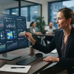 Ilustração de um dashboard digital com gráficos e dados que combinam métricas de SEO e inteligência artificial para monitoram