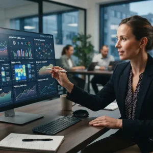 Ilustração de um dashboard digital com gráficos e dados que combinam métricas de SEO e inteligência artificial para monitoram