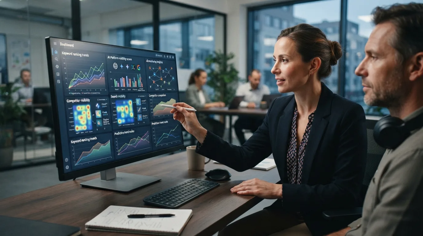 Ilustração de um dashboard digital com gráficos e dados que combinam métricas de SEO e inteligência artificial para monitoram