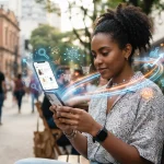 Ilustração de um consumidor digital brasileiro interagindo com dispositivos móveis enquanto algoritmos de SEO e IA influencia