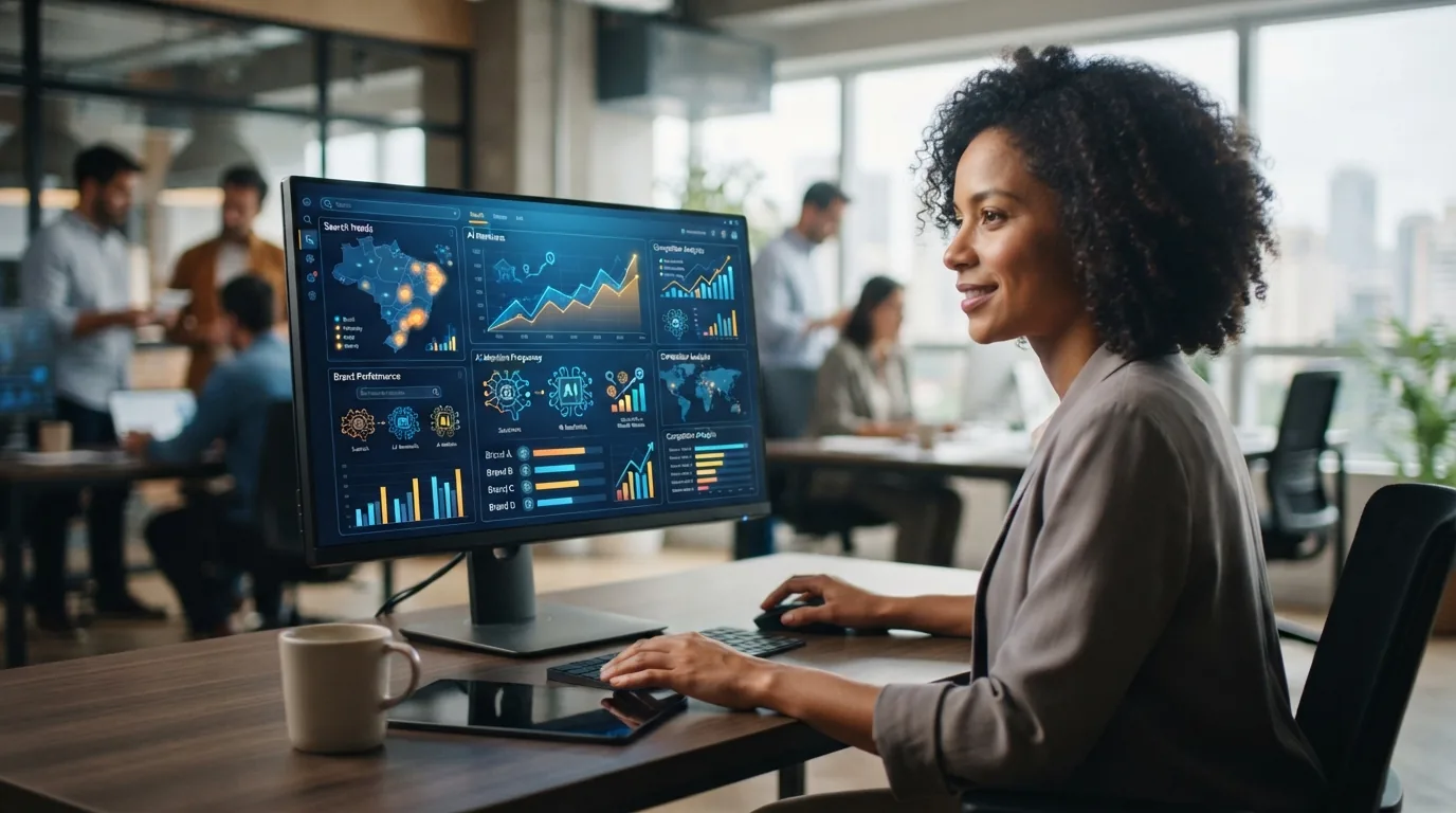 Ilustração mostrando gráficos de monitoramento digital com ícones representando inteligência artificial e buscas no contexto