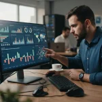 Representação gráfica de uma marca sendo monitorada por inteligência artificial, com citações e análises digitais em destaque