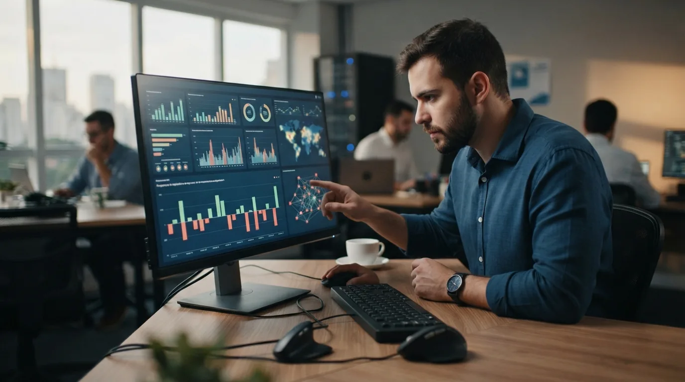 Representação gráfica de uma marca sendo monitorada por inteligência artificial, com citações e análises digitais em destaque