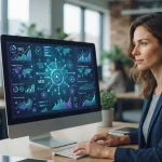 Ilustração de um computador com gráficos e ícones de inteligência artificial mostrando análise de concorrentes e SEO digital