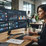 Ilustração de um painel digital mostrando gráficos e dados relacionados a menções de marcas em inteligências artificiais, com