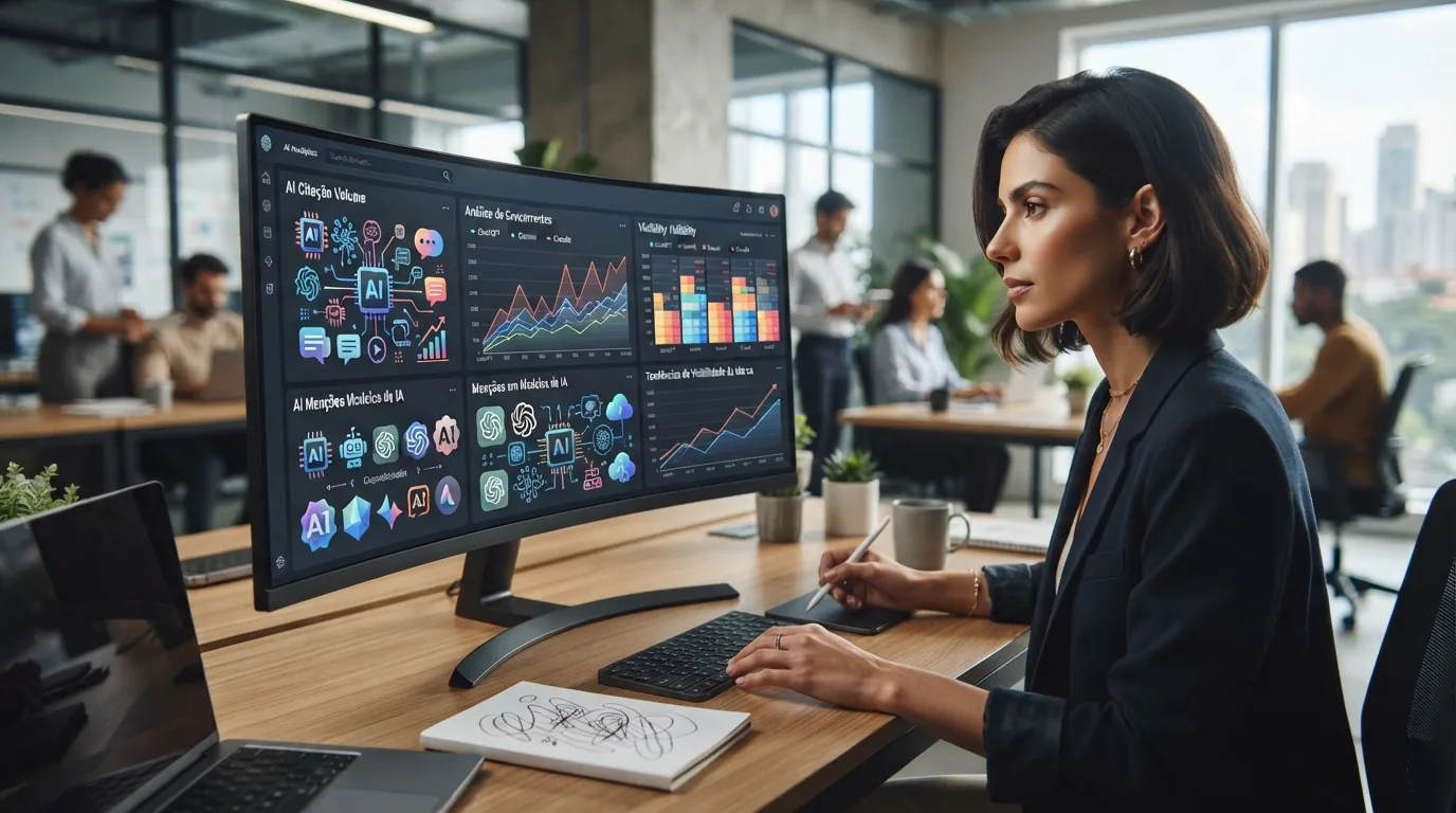 Ilustração de um painel digital mostrando gráficos e dados relacionados a menções de marcas em inteligências artificiais, com