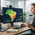 Tela de computador exibindo dashboard com dados geolocalizados de desempenho de marca em diferentes regiões do Brasil