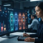 Representação visual de marcas sendo destacadas em uma interface digital de inteligência artificial, com gráficos de particip