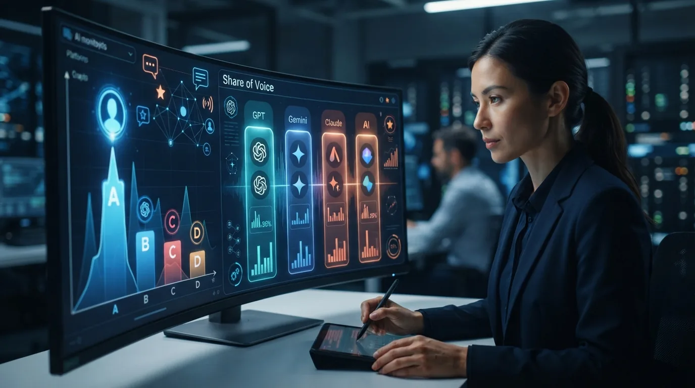 Representação visual de marcas sendo destacadas em uma interface digital de inteligência artificial, com gráficos de particip