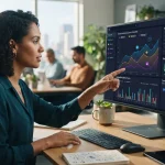 Imagem ilustrativa de uma tela de computador exibindo dashboards com gráficos de análise de dados e menções de marca em intel