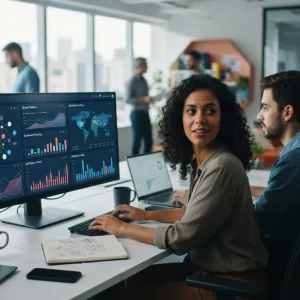 Ilustração de uma empresa brasileira acompanhando menções de sua marca em diferentes plataformas de inteligência artificial