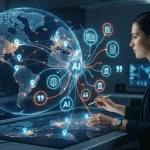 Mapa digital com pontos de localização conectados a ícones de fontes e citações representando o rastreamento geográfico de in