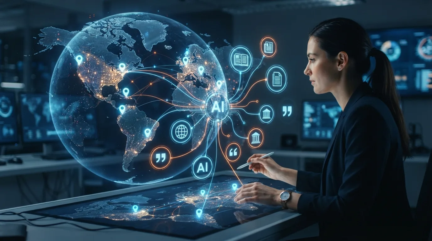 Mapa digital com pontos de localização conectados a ícones de fontes e citações representando o rastreamento geográfico de in