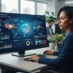 Imagem que ilustra a interação entre marcas brasileiras e inteligências artificiais, mostrando gráficos de monitoramento e íc