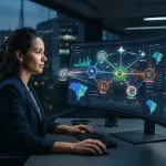 Representação gráfica de uma marca brasileira sendo monitorada por diferentes sistemas de inteligência artificial, com ícones