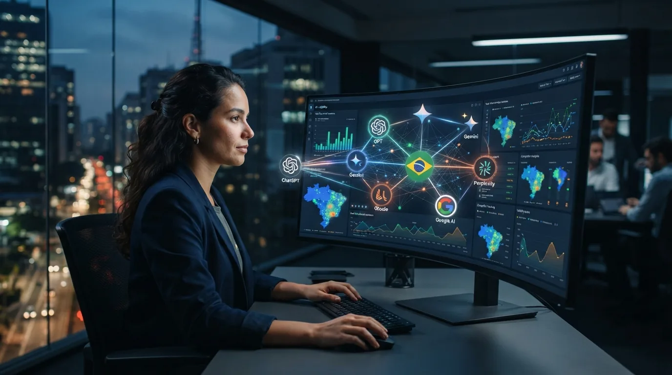 Representação gráfica de uma marca brasileira sendo monitorada por diferentes sistemas de inteligência artificial, com ícones