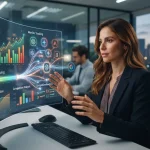 Ilustração de uma empresa conectada a diversas inteligências artificiais, com gráficos de monitoramento de menções e análises