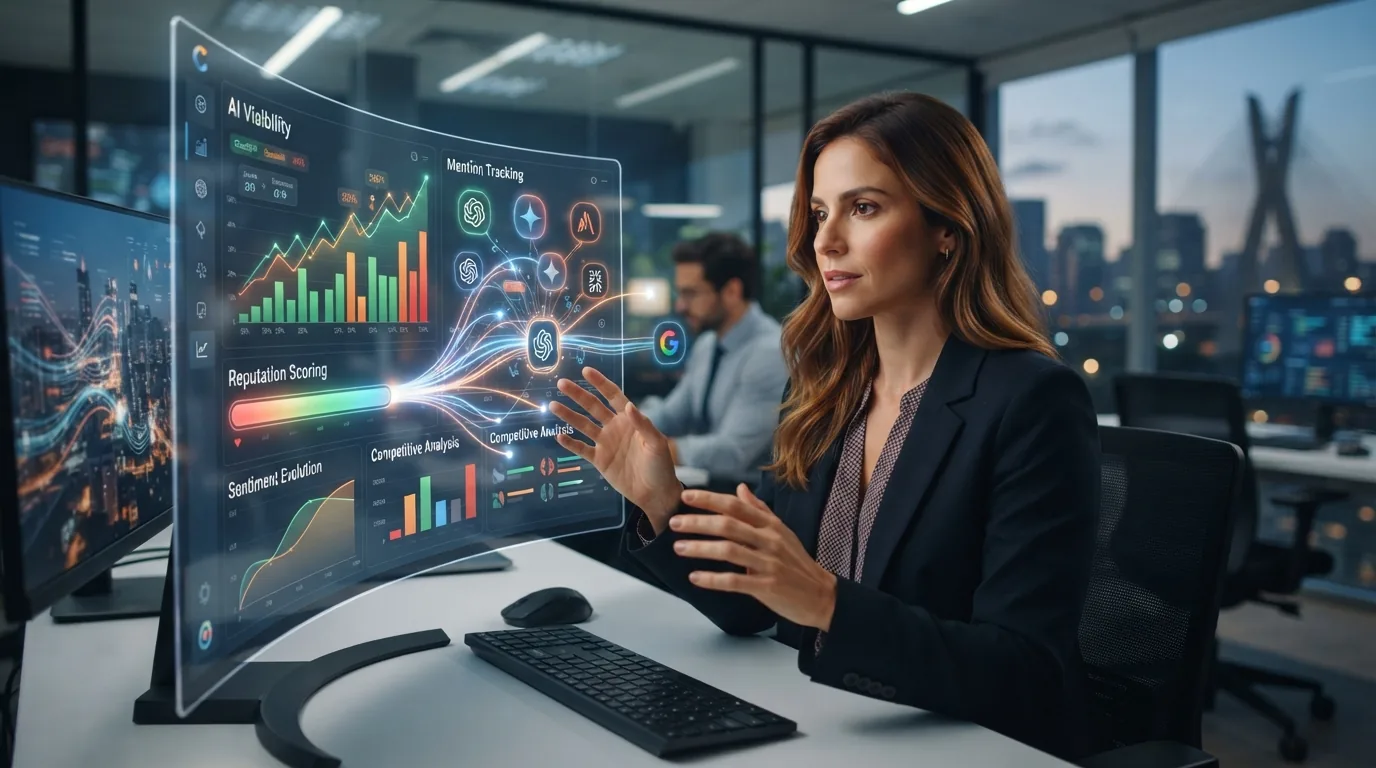 Ilustração de uma empresa conectada a diversas inteligências artificiais, com gráficos de monitoramento de menções e análises
