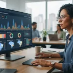 Imagem ilustrativa mostrando uma dashboard digital com gráficos e dados relacionados a monitoramento de marcas em inteligênci