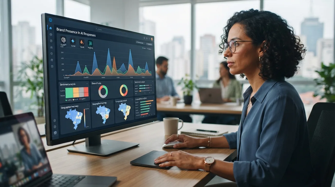 Imagem ilustrativa mostrando uma dashboard digital com gráficos e dados relacionados a monitoramento de marcas em inteligênci