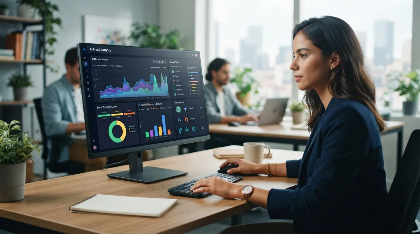 Interface de plataforma digital exibindo gráficos e dados analíticos sobre menções de marca em diversas inteligências artific
