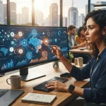Ilustração que mostra uma interface de monitoramento digital com gráficos, menções de marca e ícones de inteligências artific