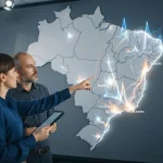 Mapa estilizado do Brasil destacando regiões específicas relacionadas a dados de monitoramento de marca em IAs