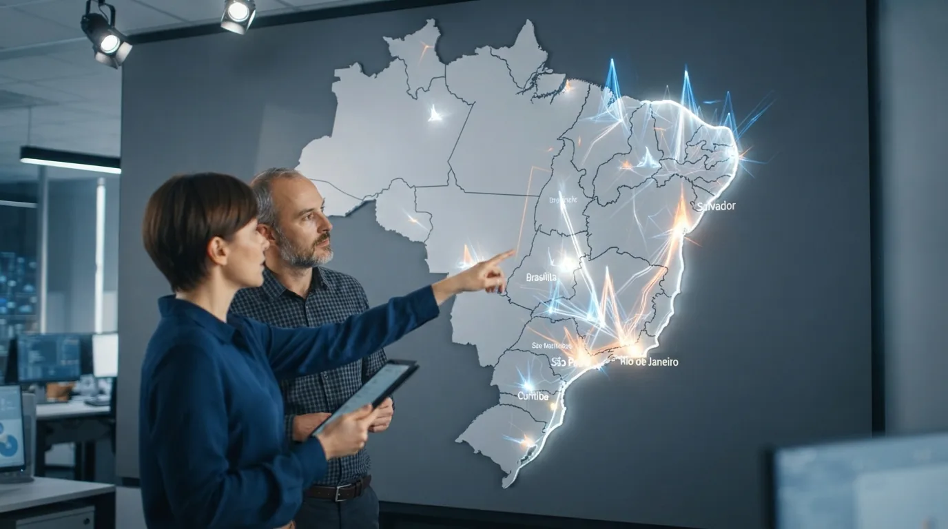 Mapa estilizado do Brasil destacando regiões específicas relacionadas a dados de monitoramento de marca em IAs